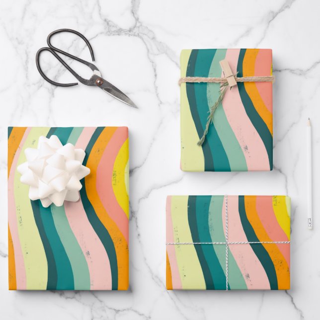 Colourful Modern Stripes Curves Waves Set of Wrapping Paper Sheet (Front)