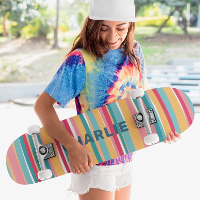 Colourful Modern Stripes Custom Personalised Name Skateboard (Creator Uploaded)