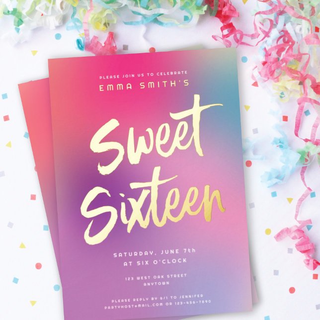 Colourful Modern Sweet Sixteen Birthday Party Gold (Colorful Modern Sweet Sixteen Birthday Party Gold Foil Invitation)