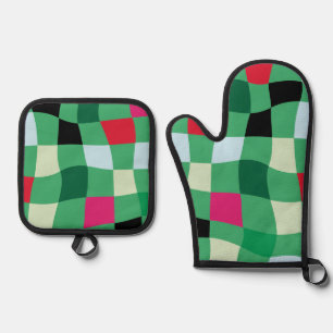 Colourful Modern Tartan Plaid Christmas Green Oven Mitt & Pot Holder Set