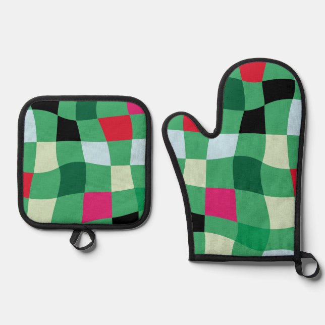 Colourful Modern Tartan Plaid Christmas Green Oven Mitt & Pot Holder Set (Front)
