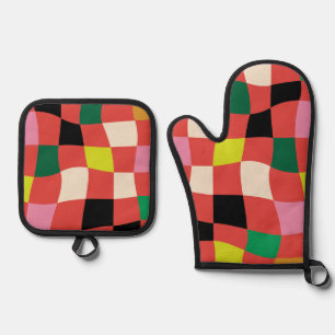 Colourful Modern Tartan Red Christmas Blocks Oven Mitt & Pot Holder Set