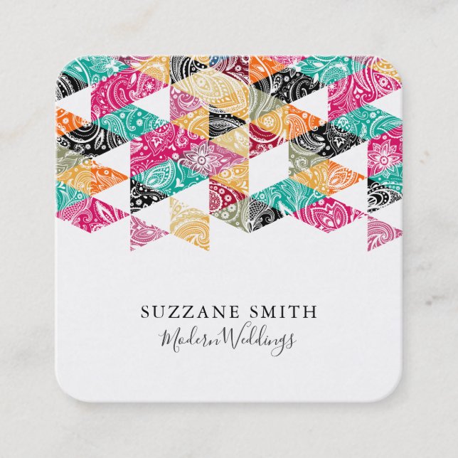 Colourful Modern Triangles White Paisley Overly Square Business Card (Front)