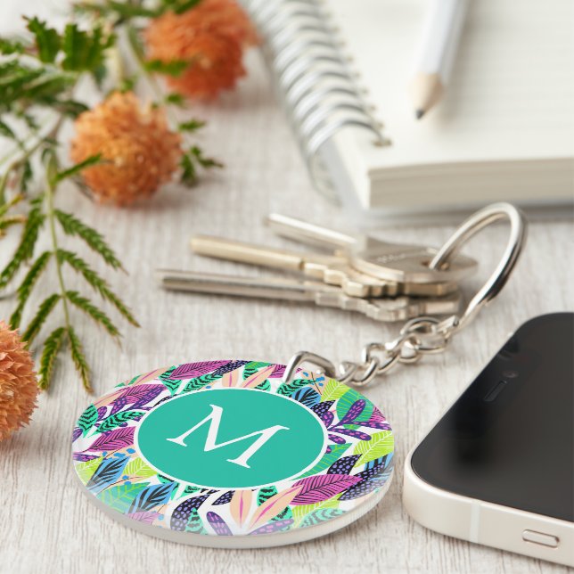 Colourful Modern Tropical Botanical Monogram Key Ring (Front Right)