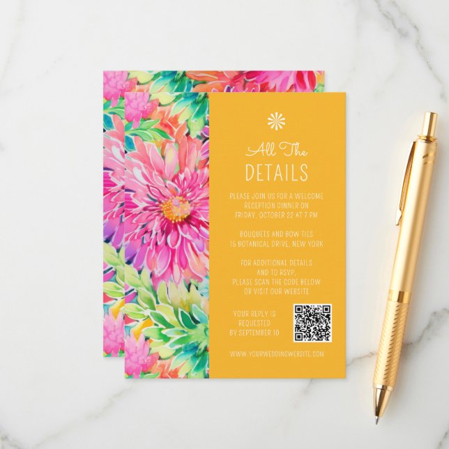 Colourful Modern Tropical Floral Wedding Details Enclosure Card (Front/Back In Situ)