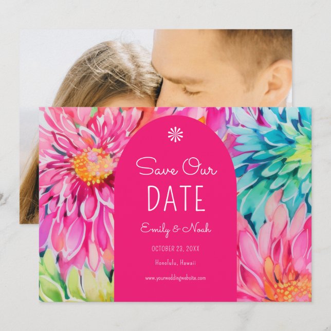 Colourful Modern Tropical Floral Wedding Photo Save The Date (Front/Back)