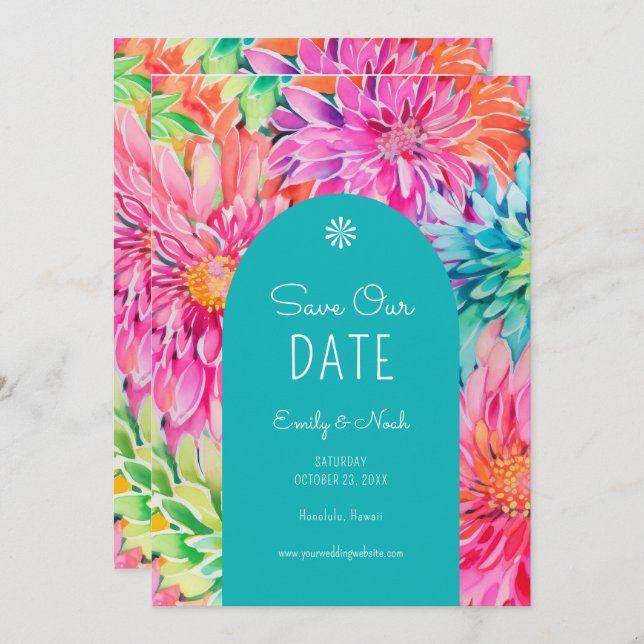 Colourful Modern Tropical Floral Wedding Photo Save The Date (Front/Back)