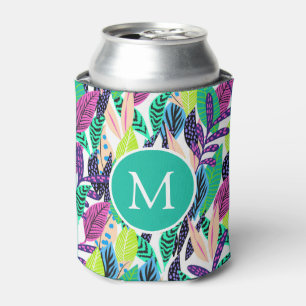 Colourful Modern Tropical Forest Leaves Monogram Can Cooler