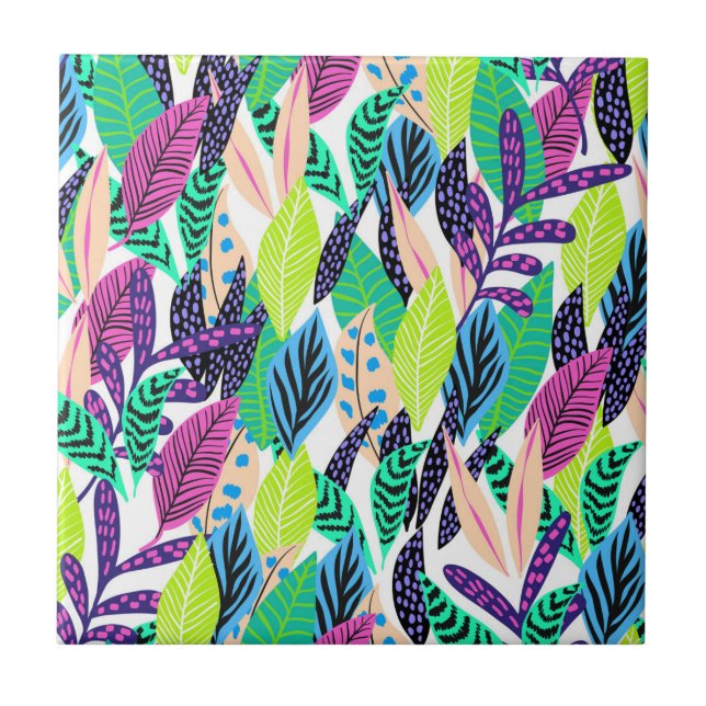 Colourful Modern Tropical Forest Leaves Pattern Ceramic Tile (Front)