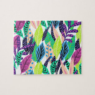 Colourful Modern Tropical Forest Leaves Pattern Jigsaw Puzzle
