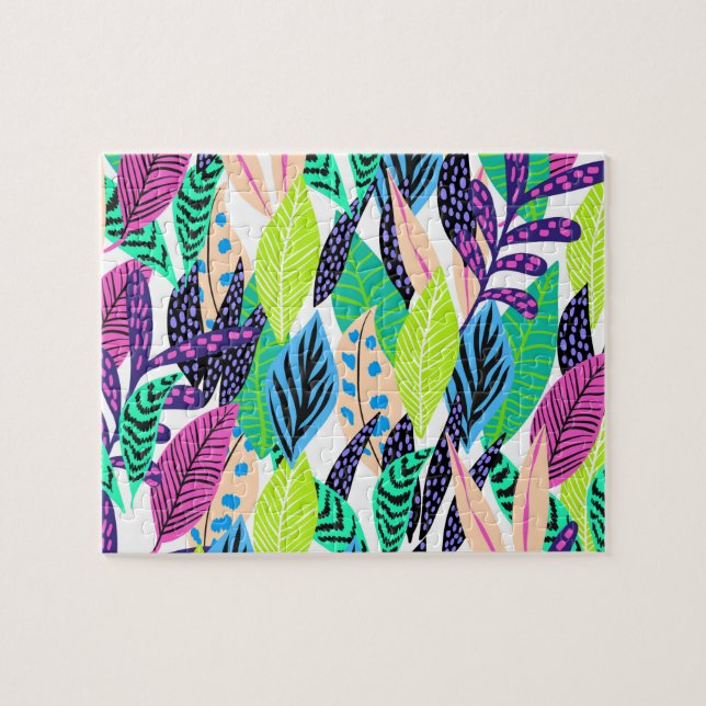 Colourful Modern Tropical Forest Leaves Pattern Jigsaw Puzzle (Horizontal)