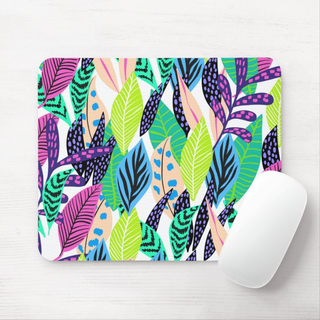 Colourful Modern Tropical Forest Leaves Pattern Mouse Pad (With Mouse)