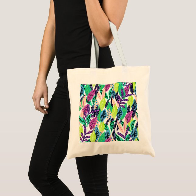 Colourful Modern Tropical Forest Leaves Pattern Tote Bag (Front (Product))