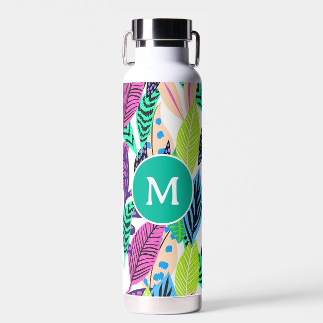 Colourful Modern Tropical Leaves Pattern Monogram Water Bottle (Front)