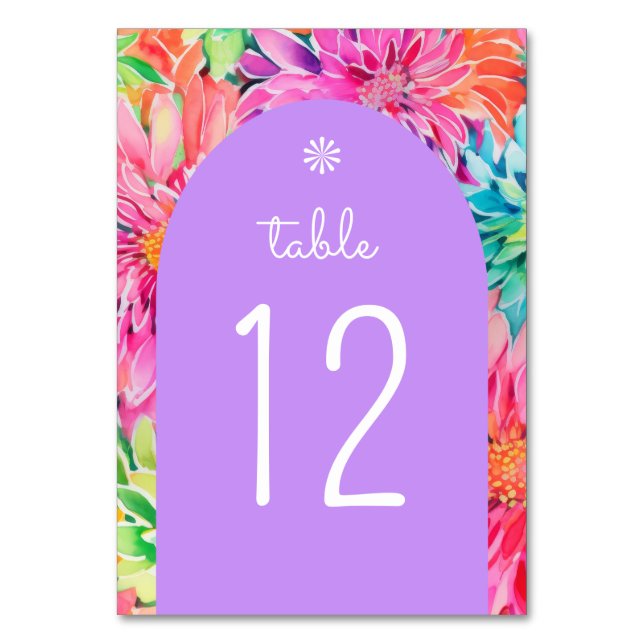 Colourful Modern Tropical Watercolor Floral Weddin Table Number (Front)