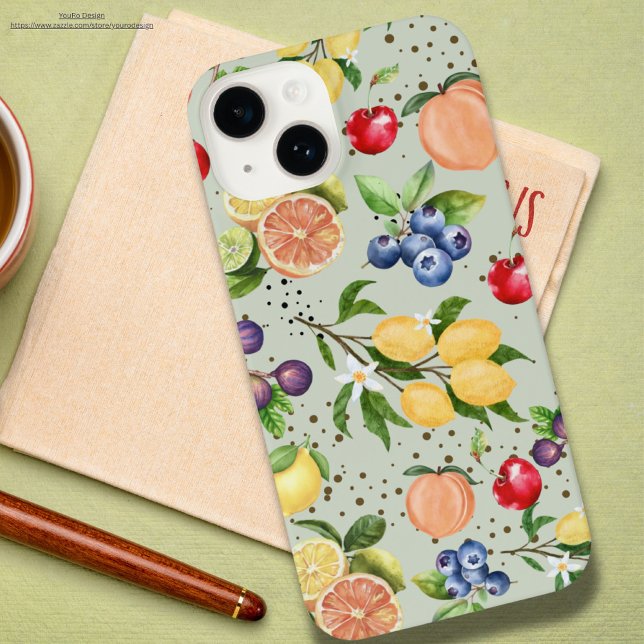 Colourful modern vintage fruit pattern grey iPhone case (Creator Uploaded)