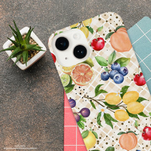 Colourful modern vintage fruits and brown scottish iPhone 14 case