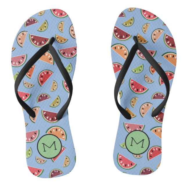 Colourful Modern Watermelon Pattern Monogram Thongs (Footbed)