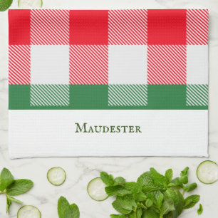 Colourful Modern White Green Red Buffalo Plaid Tea Towel