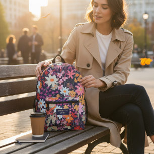 Colourful Modern Wild Flowers Personalised Name Printed Backpack