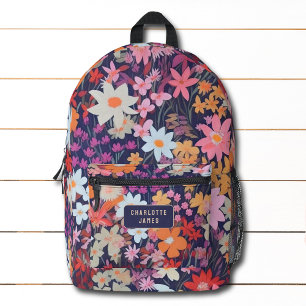 Colourful Modern Wild Flowers Personalised Name Printed Backpack