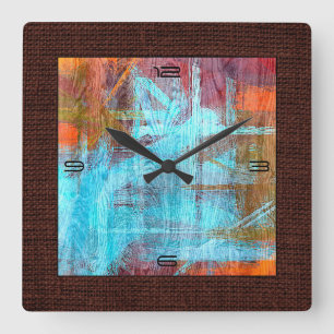Colourful Modern Wood Grain Burlap Border Square Wall Clock