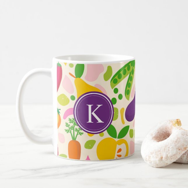 Colourful Monogram Fruits Vegetables  Coffee Mug (With Donut)