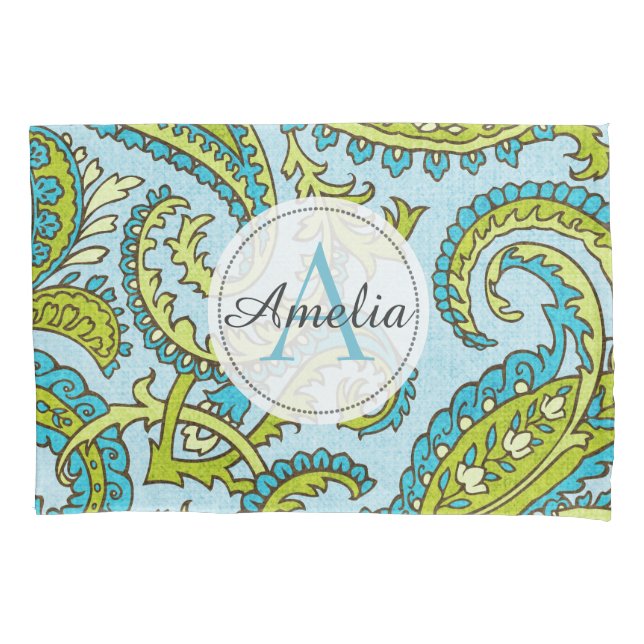 Colourful Monogram Paisley Blue Bohemian Trendy Pillowcase (Front)