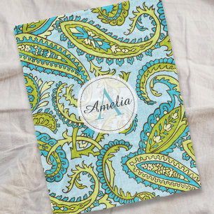 Colourful Monogram Paisley Blue Boho Chic Custom Fleece Blanket