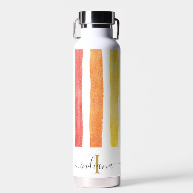 Colourful Monogram Script Name Watercolor Stripes Water Bottle (Front)