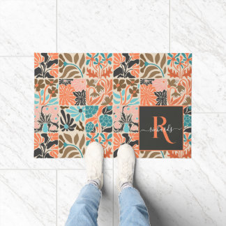 Colourful Monogram Script Retro Floral Pattern Doormat