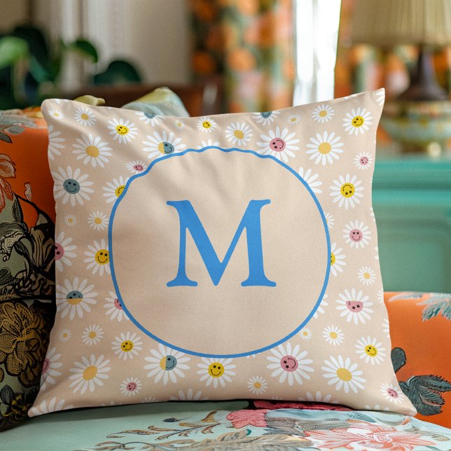 Colourful Monogram Smiling Daisy personalised Cushion (Colourful Monogram Smiling Daisy personalised Throw Pillow)
