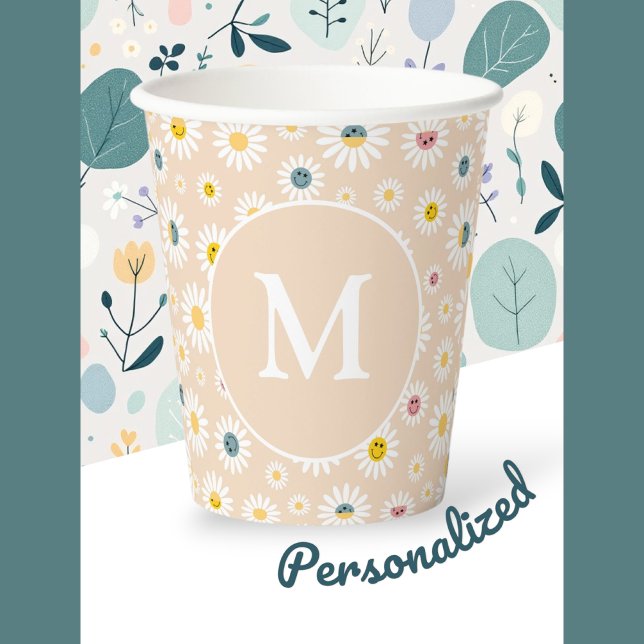 Colourful Monogram Smiling Daisy personalised Paper Cups (Colourful Monogram Smiling Daisy personalised Paper Cups)