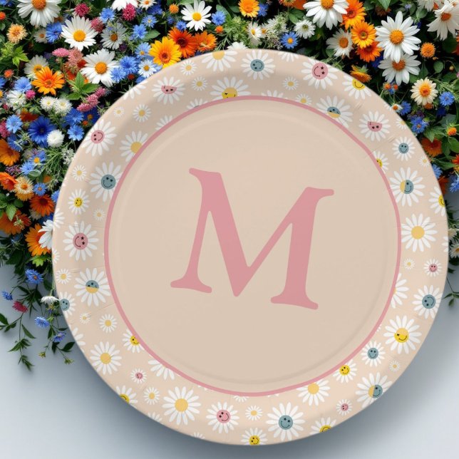 Colourful Monogram Smiling Daisy personalised Paper Plate (Colourful Monogram Smiling Daisy personalised Paper Plates)