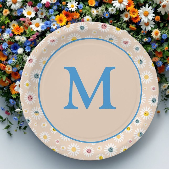 Colourful Monogram Smiling Daisy personalised Paper Plate (Colourful Monogram Smiling Daisy personalised Paper Plates)