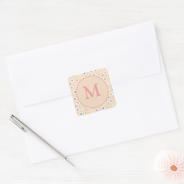 Colourful Monogram Smiling Daisy personalised Square Sticker (Envelope)
