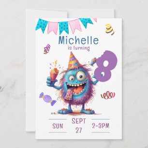 Colourful Monster Eight Year Birthday Invitation