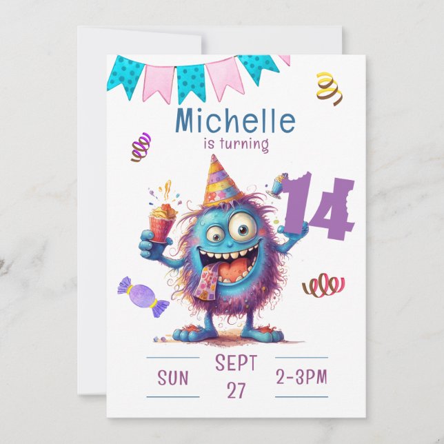 Colourful Monster Fourteen Year Birthday Invitatio Invitation (Front)