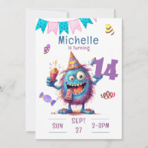 Colourful Monster Fourteen Year Birthday Invitatio