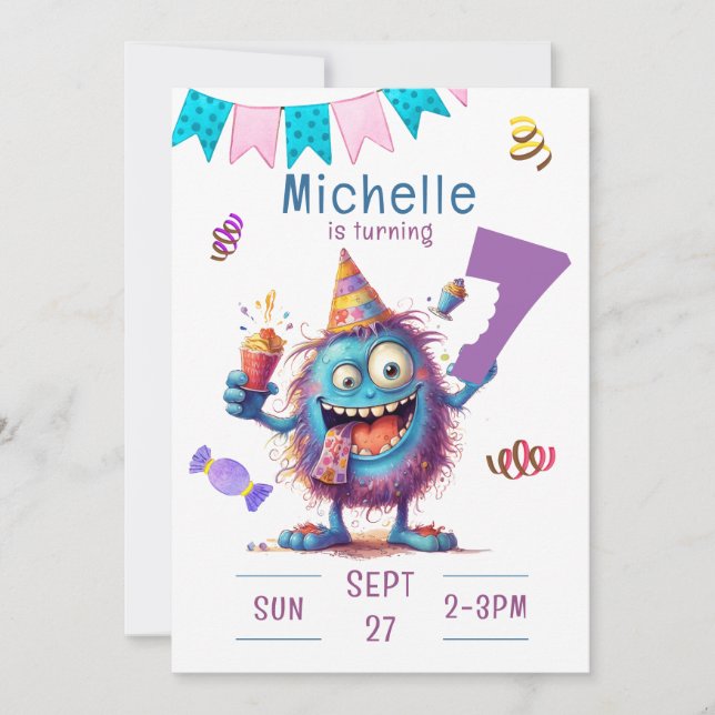 Colourful Monster Seven Year Birthday Invitation (Front)