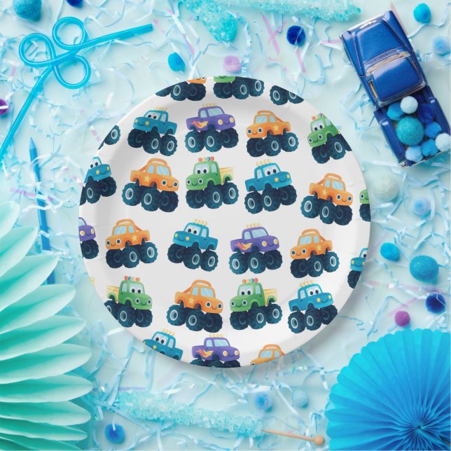 Colourful Monster Truck Pattern Birthday Paper Plate (Party)