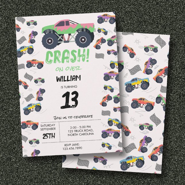 Colourful Monster Trucks Racing Kids Birthday Part Invitation (Colorful Monster Trucks Racing Kids Birthday Party Invitation)