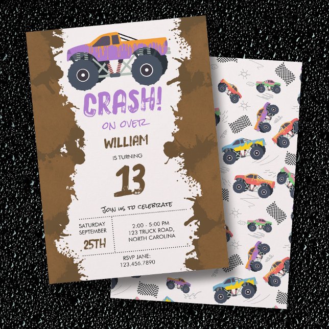 Colourful Monster Trucks Racing Kids Birthday Part Invitation (Colorful Monster Trucks Racing Kids Birthday Party Invitation)