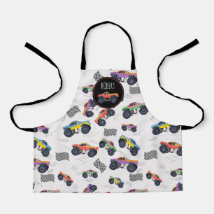 Colourful Monster Trucks Racing Kids Custom Name Apron