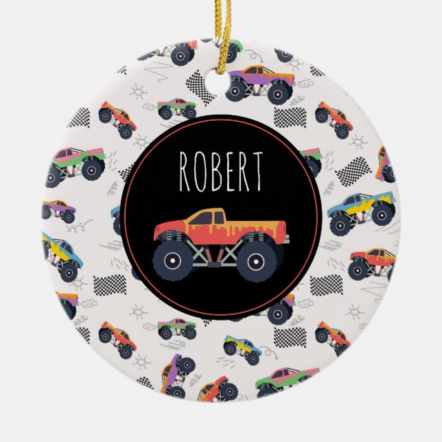 Colourful Monster Trucks Racing Kids Custom Name Ceramic Ornament (Front)