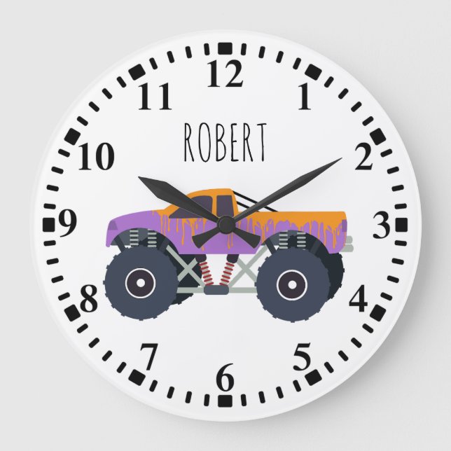 Colourful Monster Trucks Racing Kids Custom Name Large Clock (Front)