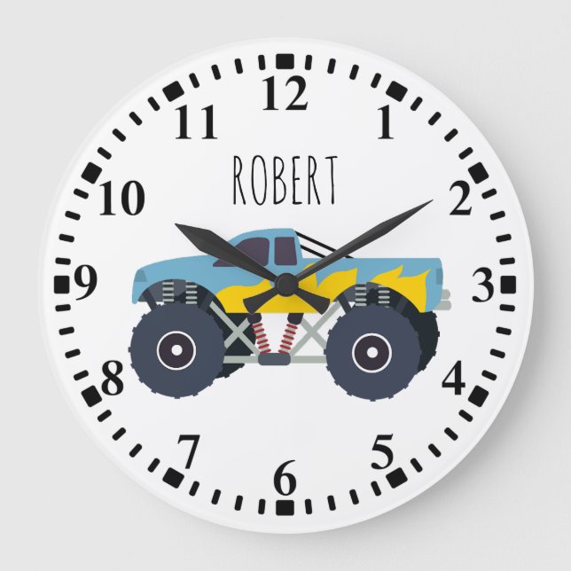 Colourful Monster Trucks Racing Kids Custom Name Large Clock (Front)