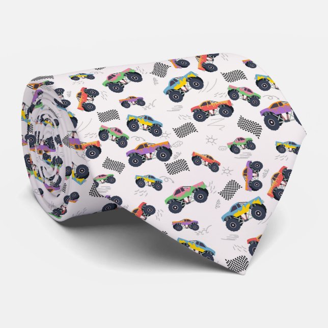 Colourful Monster Trucks Racing Kids Pattern Tie (Rolled)