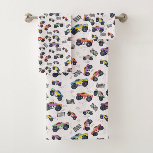 Colourful Monster Trucks Racing Pattern Bath Towel Set (Insitu)