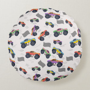 Colourful Monster Trucks Racing Pattern Round Cushion